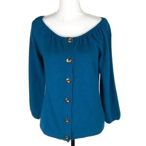AK Anne‎ Klein Deep Ocean Cashmere Sweater Cardigan Button-Front Size M